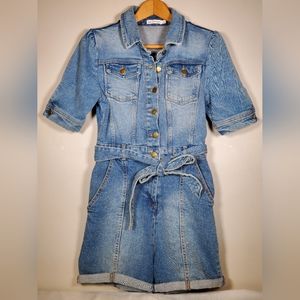 EUC Anthropologie AVEC LES FILLES Blue Denim Belted Shorts Romper Women’s Sz XS